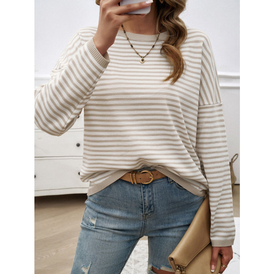 Striped Round Neck Dropped Shoulder Sweater Apparel and Accessories