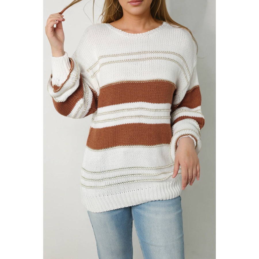 Striped Round Neck Dropped Shoulder Sweater Apparel and Accessories