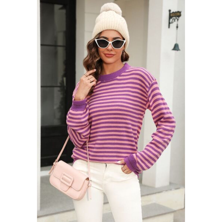 Striped Round Neck Dropped Shoulder Sweater Apparel and Accessories