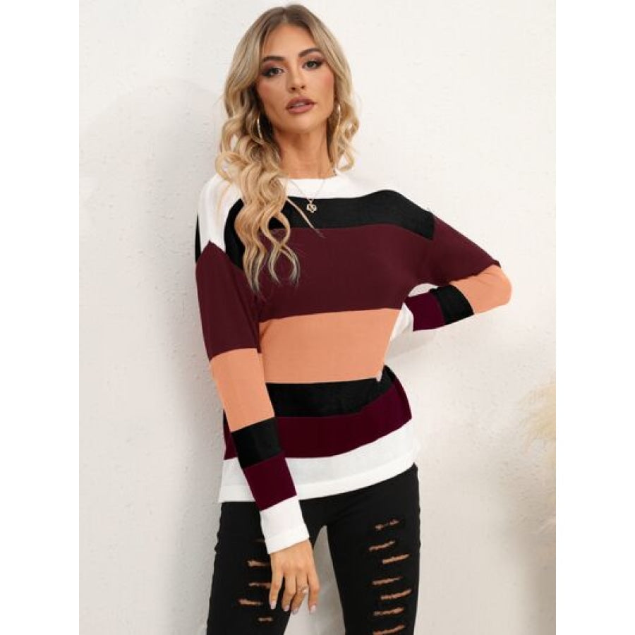 Striped Round Neck Dropped Shoulder Sweater Apparel and Accessories