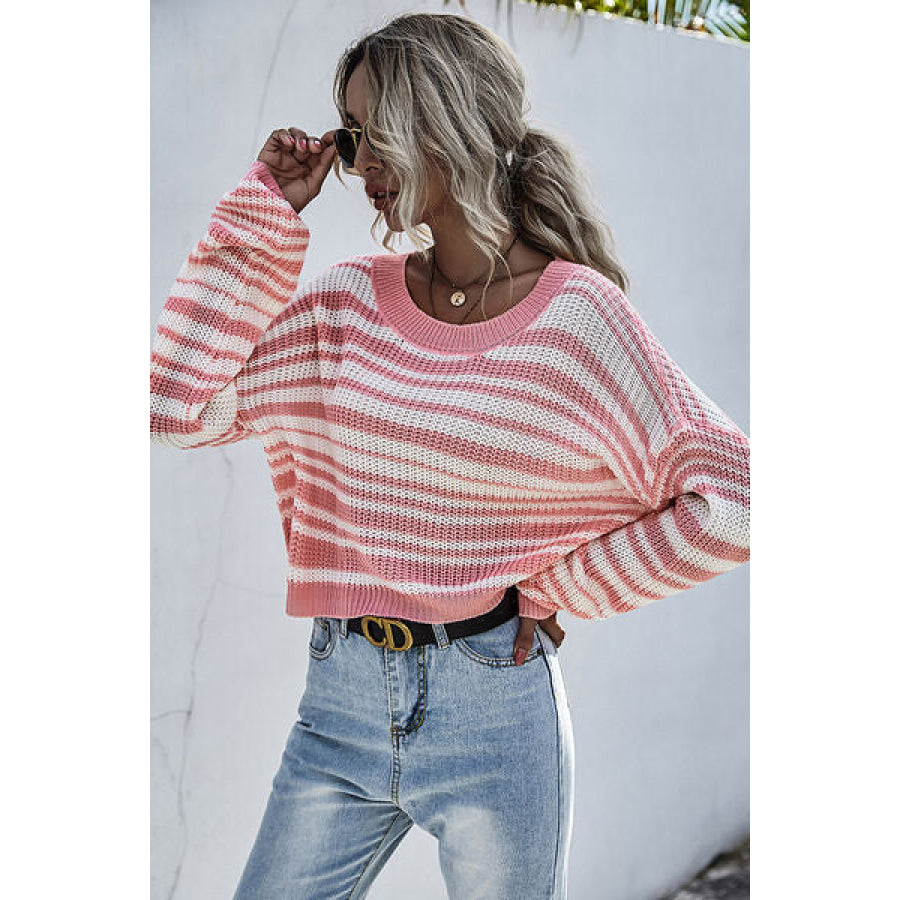 Striped Round Neck Dropped Shoulder Sweater Apparel and Accessories