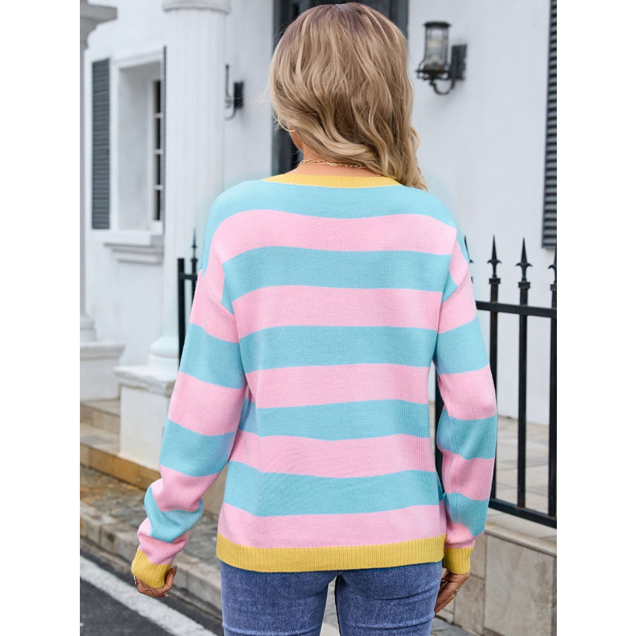 Striped Round Neck Dropped Shoulder Sweater Apparel and Accessories