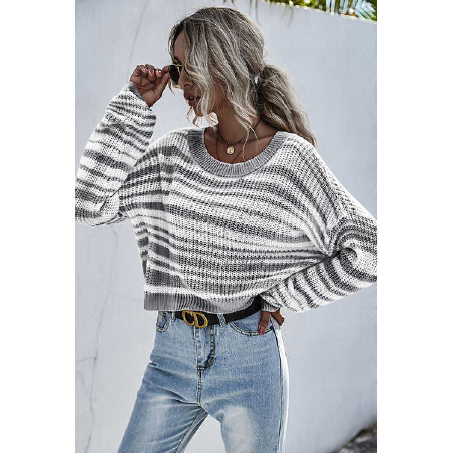 Striped Round Neck Dropped Shoulder Sweater Apparel and Accessories