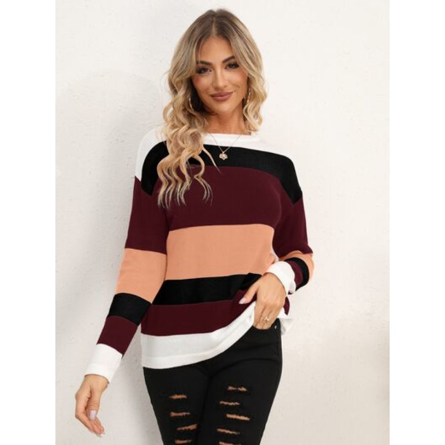 Striped Round Neck Dropped Shoulder Sweater Apparel and Accessories