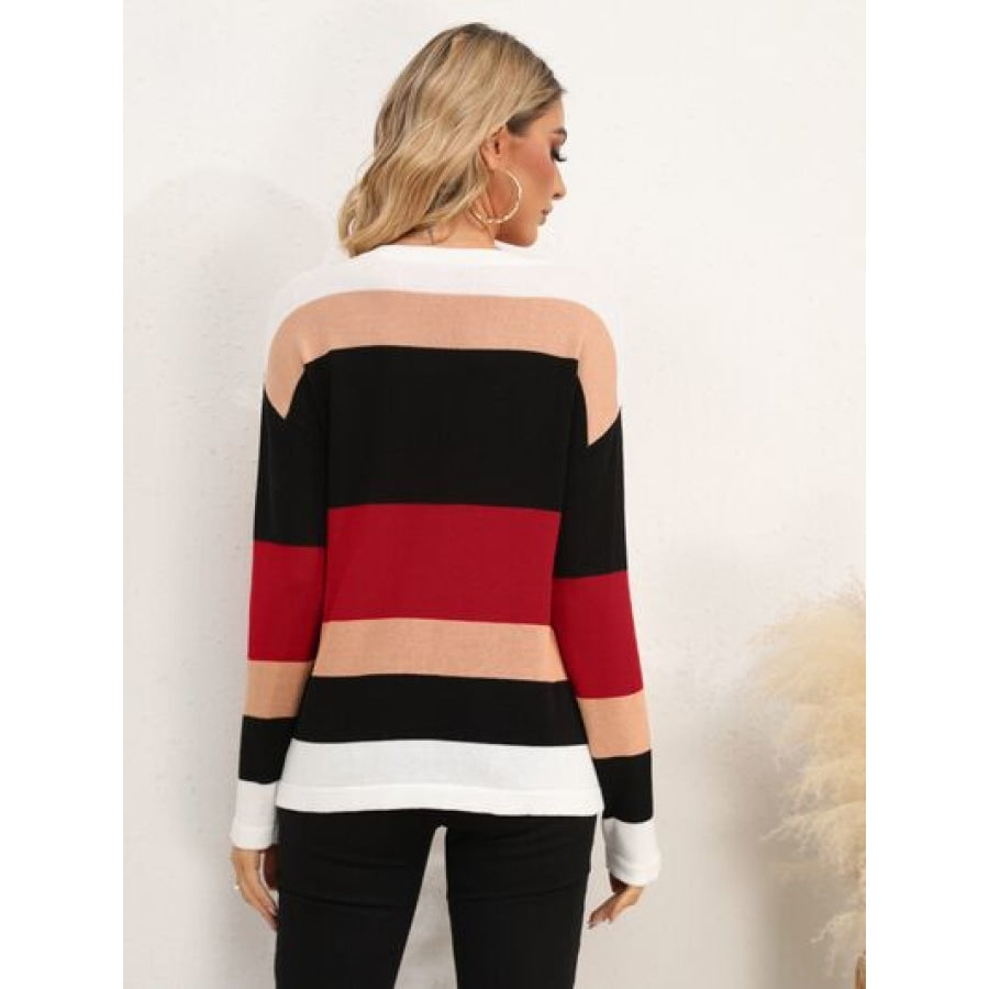 Striped Round Neck Dropped Shoulder Sweater Apparel and Accessories