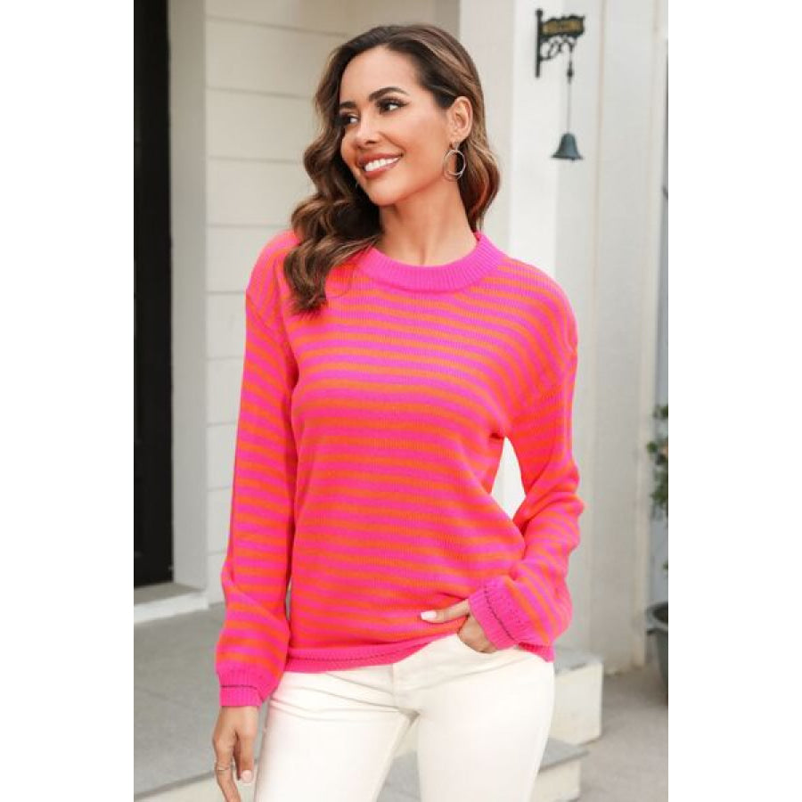 Striped Round Neck Dropped Shoulder Sweater Apparel and Accessories