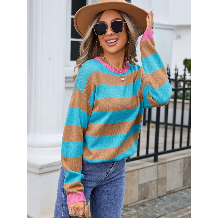 Striped Round Neck Dropped Shoulder Sweater Apparel and Accessories