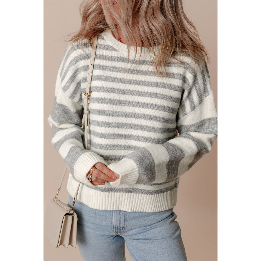 Striped Round Neck Dropped Shoulder Sweater Apparel and Accessories