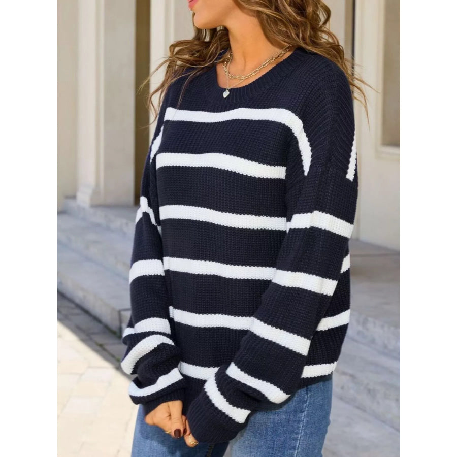 Striped Round Neck Dropped Shoulder Sweater Apparel and Accessories