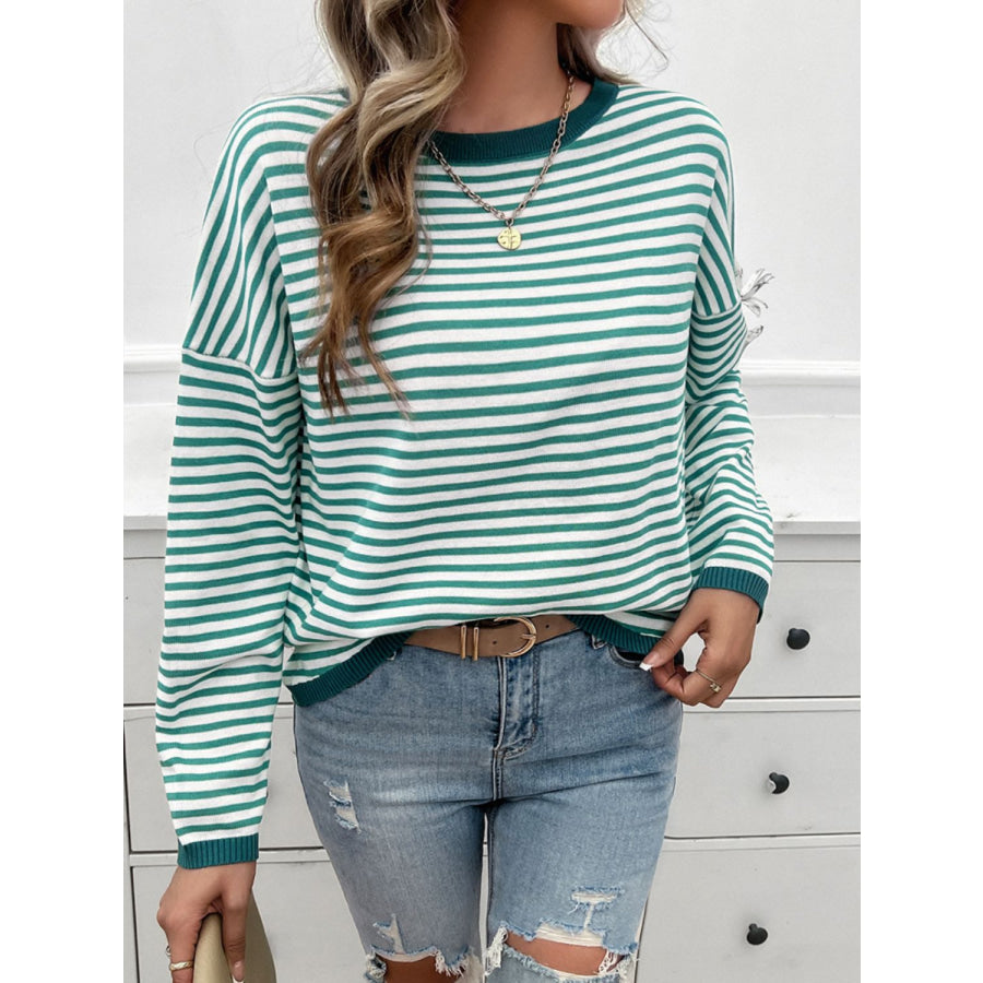 Striped Round Neck Dropped Shoulder Sweater Apparel and Accessories