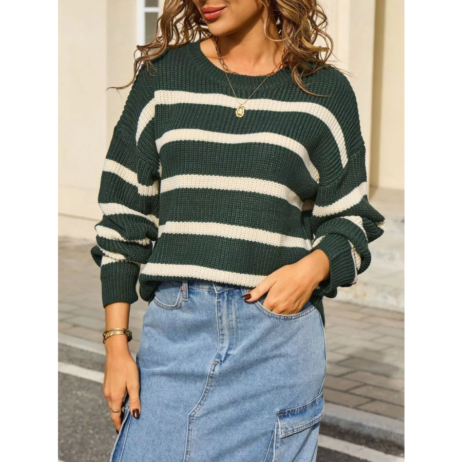 Striped Round Neck Dropped Shoulder Sweater Apparel and Accessories