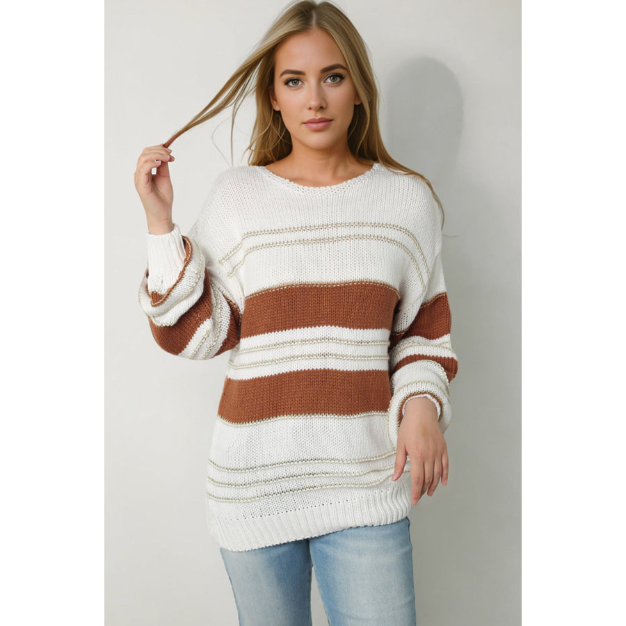 Striped Round Neck Dropped Shoulder Sweater Apparel and Accessories