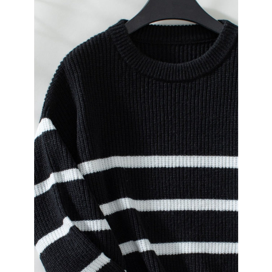 Striped Round Neck Dropped Shoulder Sweater Apparel and Accessories