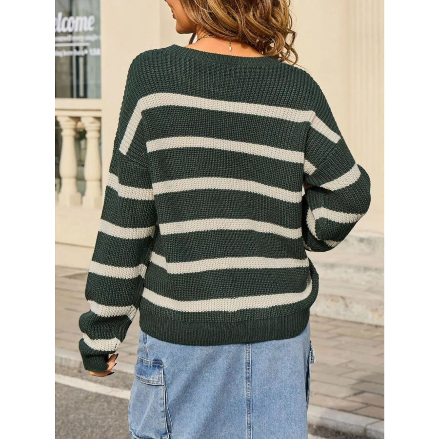 Striped Round Neck Dropped Shoulder Sweater Apparel and Accessories