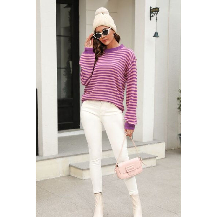 Striped Round Neck Dropped Shoulder Sweater Apparel and Accessories