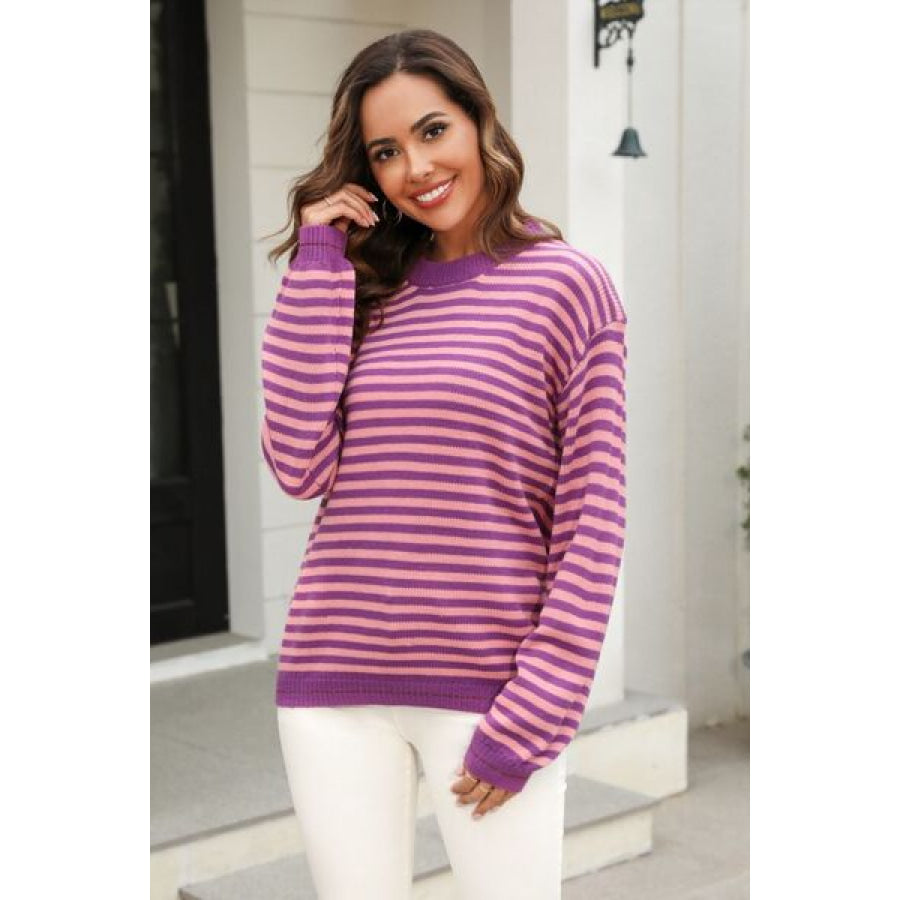 Striped Round Neck Dropped Shoulder Sweater Apparel and Accessories