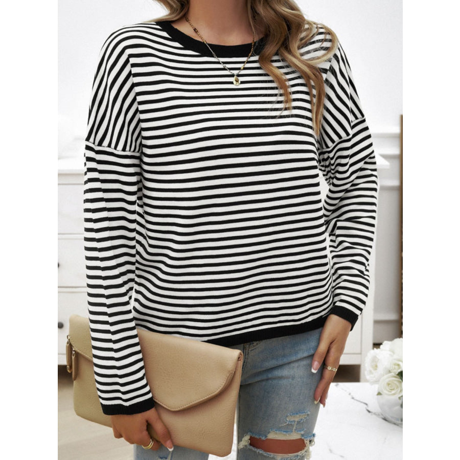 Striped Round Neck Dropped Shoulder Sweater Apparel and Accessories