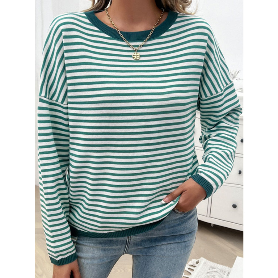 Striped Round Neck Dropped Shoulder Sweater Apparel and Accessories