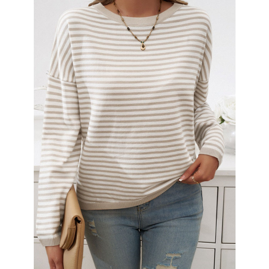 Striped Round Neck Dropped Shoulder Sweater Apparel and Accessories