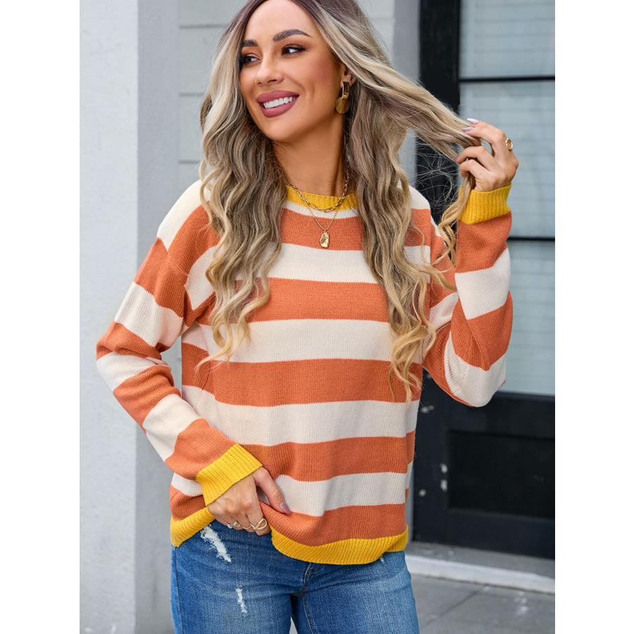 Striped Round Neck Dropped Shoulder Sweater Apparel and Accessories