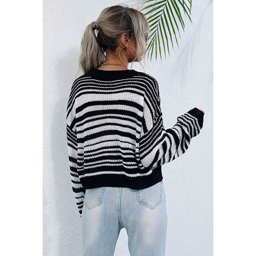 Striped Round Neck Dropped Shoulder Sweater Black / S Apparel and Accessories