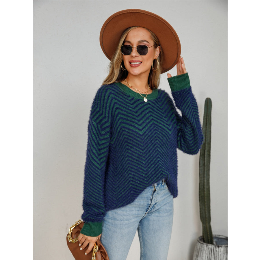 Striped Round Neck Dropped Shoulder Sweater Dark Navy / S Apparel and Accessories