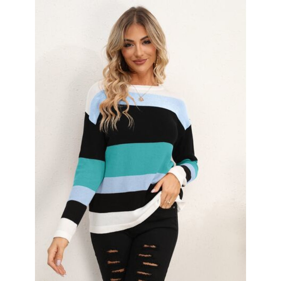 Striped Round Neck Dropped Shoulder Sweater Apparel and Accessories