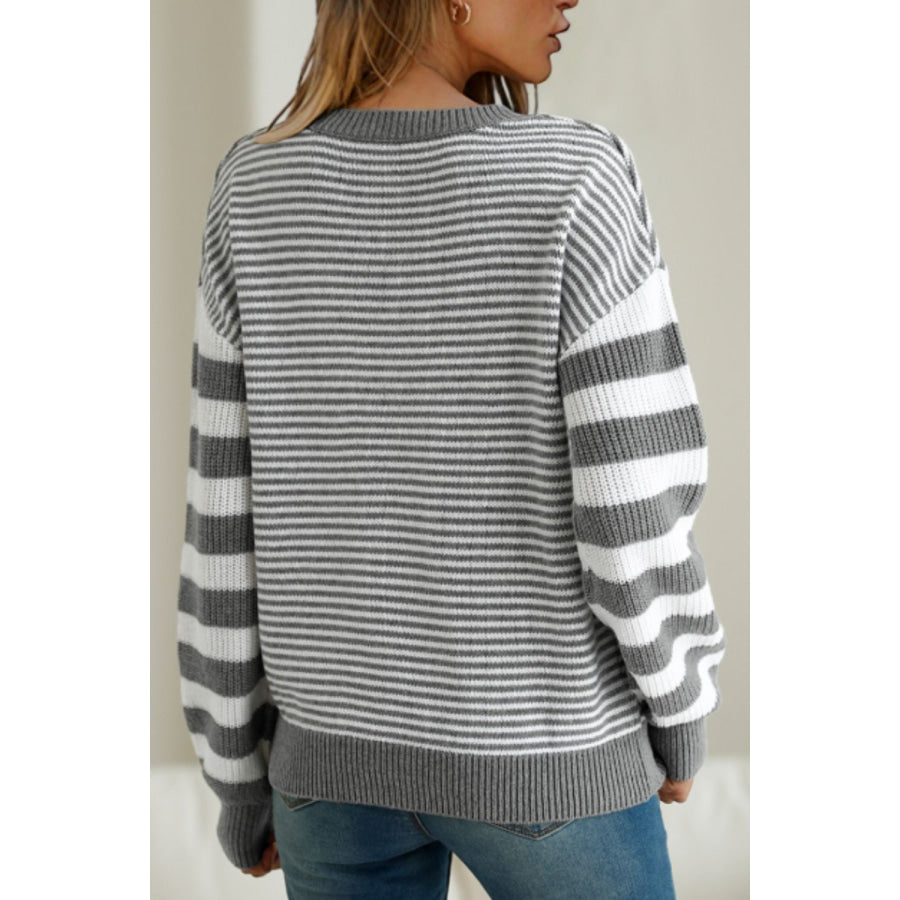 Striped Round Neck Dropped Shoulder Sweater Apparel and Accessories