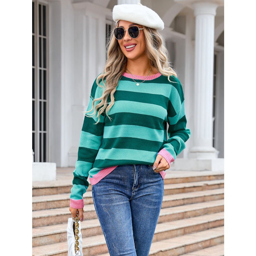 Striped Round Neck Dropped Shoulder Sweater Apparel and Accessories