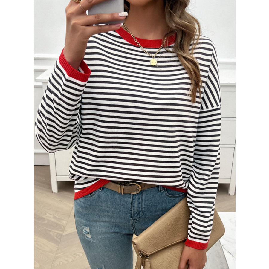 Striped Round Neck Dropped Shoulder Sweater Apparel and Accessories