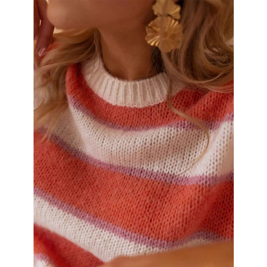 Striped Round Neck Dropped Shoulder Sweater Apparel and Accessories