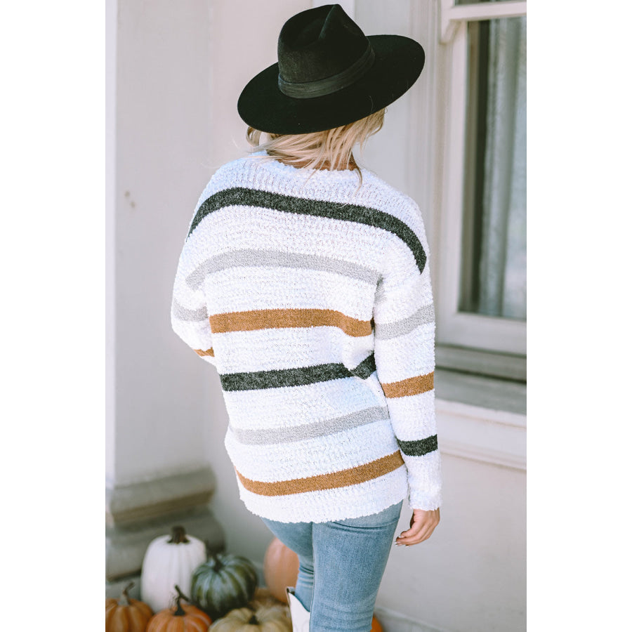 Striped Round Neck Dropped Shoulder Sweater Apparel and Accessories