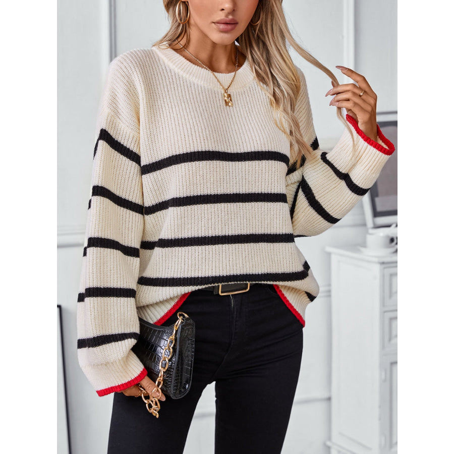 Striped Round Neck Dropped Shoulder Sweater Apparel and Accessories