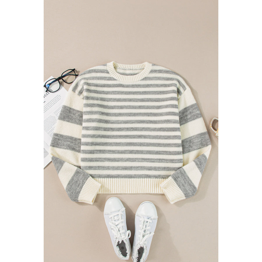 Striped Round Neck Dropped Shoulder Sweater Apparel and Accessories