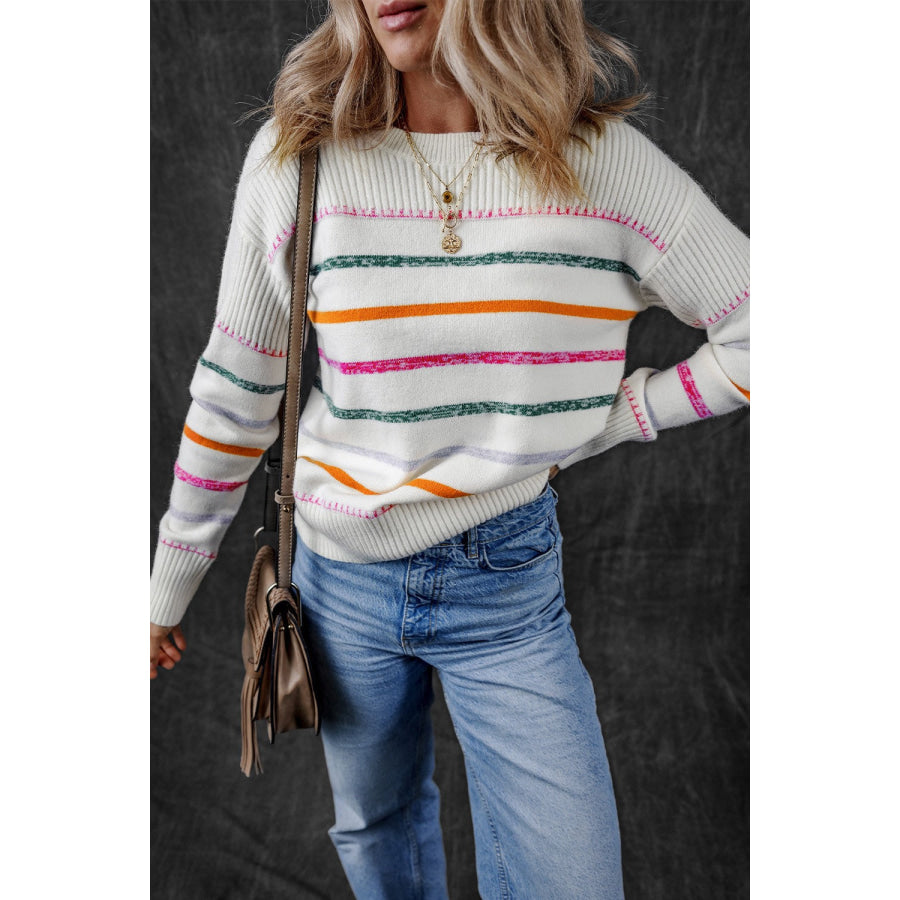 Striped Round Neck Dropped Shoulder Sweater Apparel and Accessories