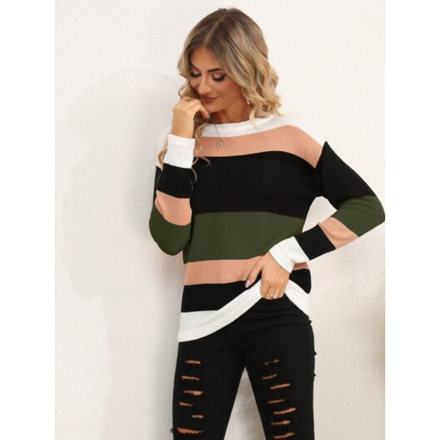 Striped Round Neck Dropped Shoulder Sweater Apparel and Accessories