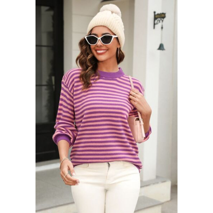 Striped Round Neck Dropped Shoulder Sweater Apparel and Accessories