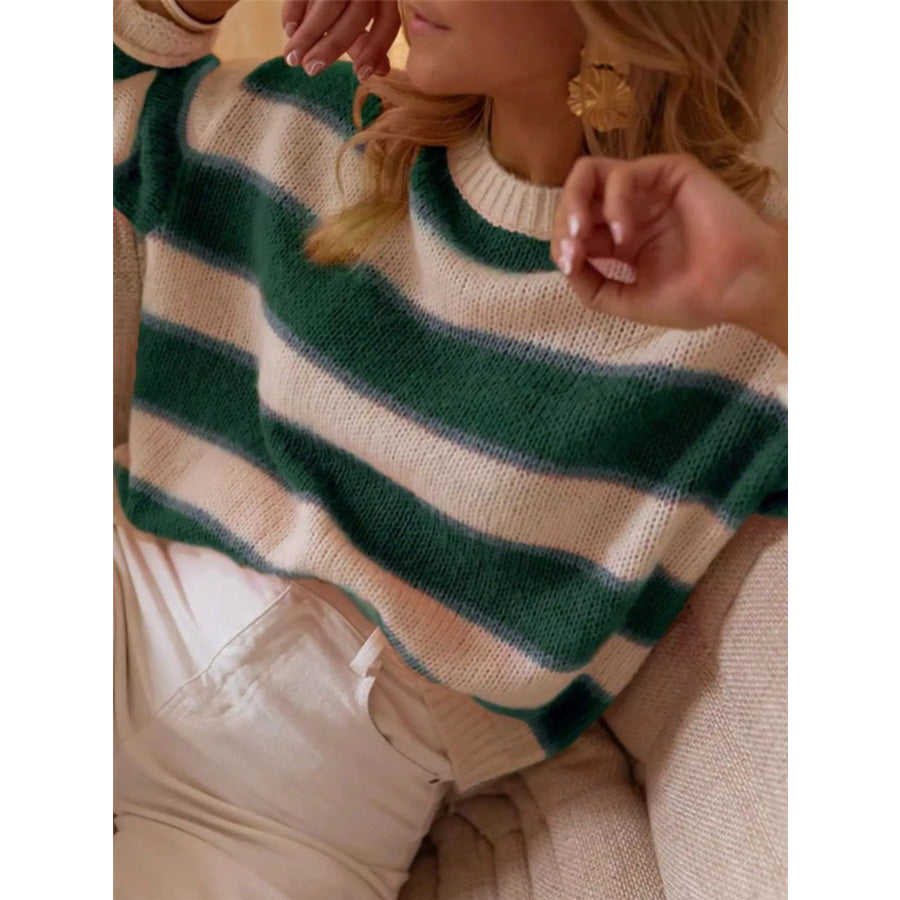 Striped Round Neck Dropped Shoulder Sweater Apparel and Accessories