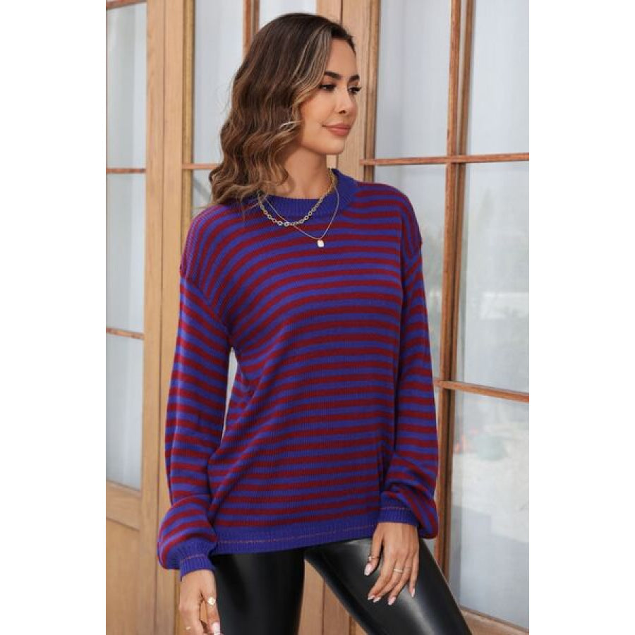 Striped Round Neck Dropped Shoulder Sweater Apparel and Accessories