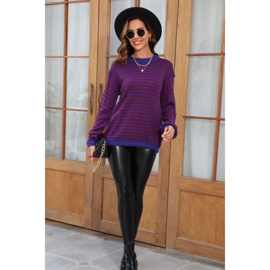 Striped Round Neck Dropped Shoulder Sweater Apparel and Accessories