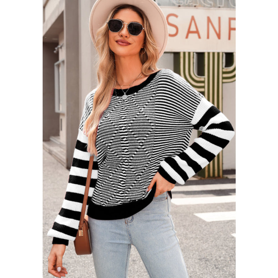 Striped Round Neck Dropped Shoulder Sweater Apparel and Accessories