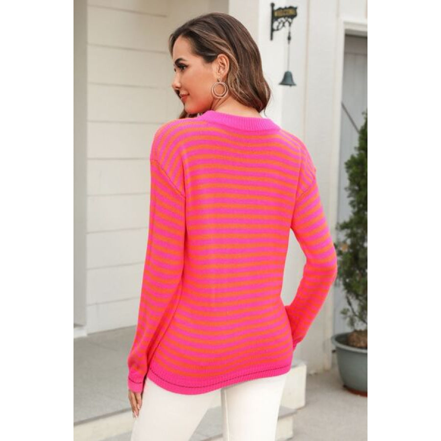 Striped Round Neck Dropped Shoulder Sweater Apparel and Accessories