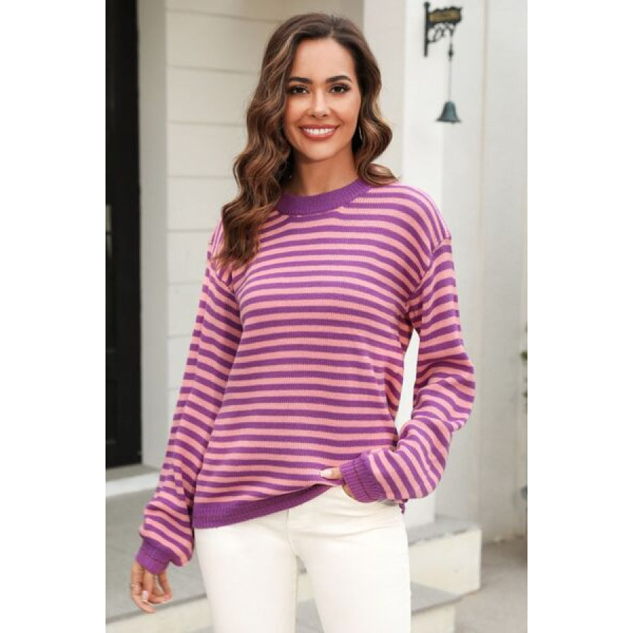 Striped Round Neck Dropped Shoulder Sweater Apparel and Accessories