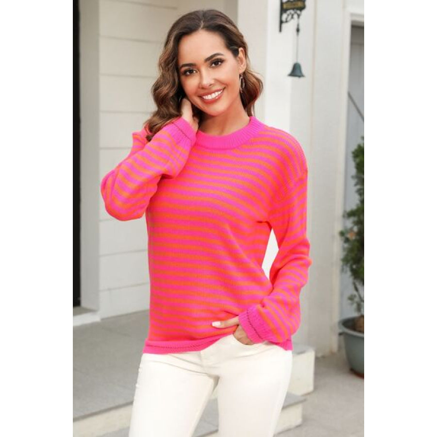Striped Round Neck Dropped Shoulder Sweater Apparel and Accessories