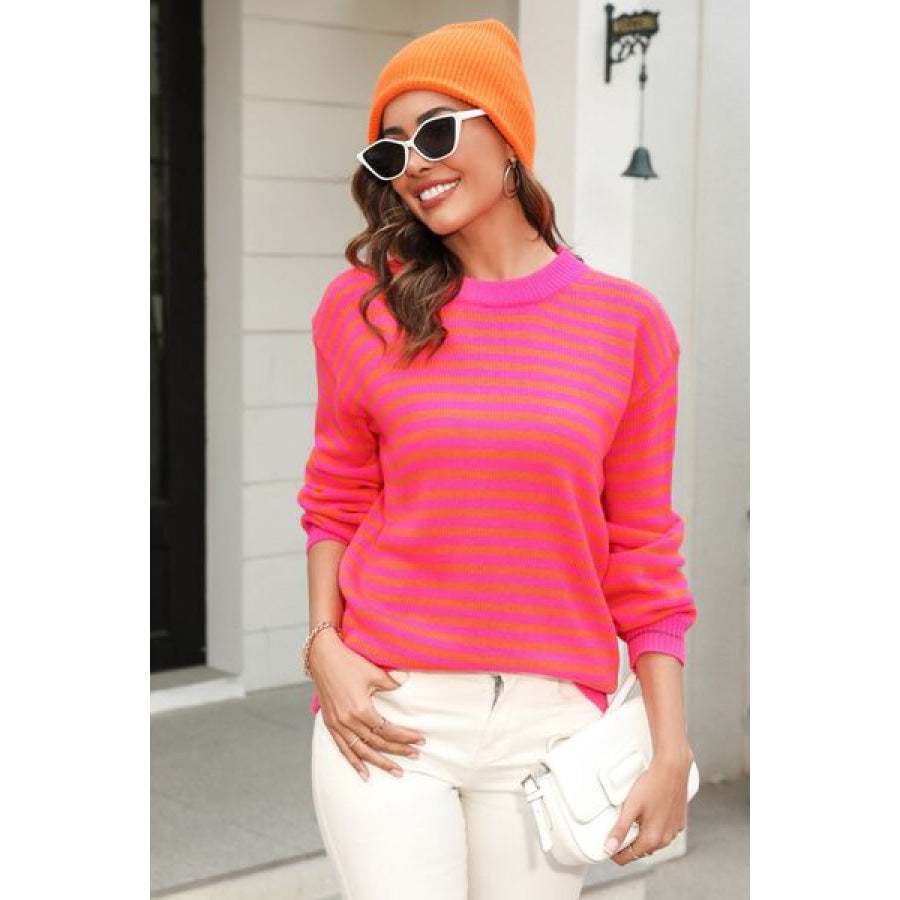 Striped Round Neck Dropped Shoulder Sweater Apparel and Accessories