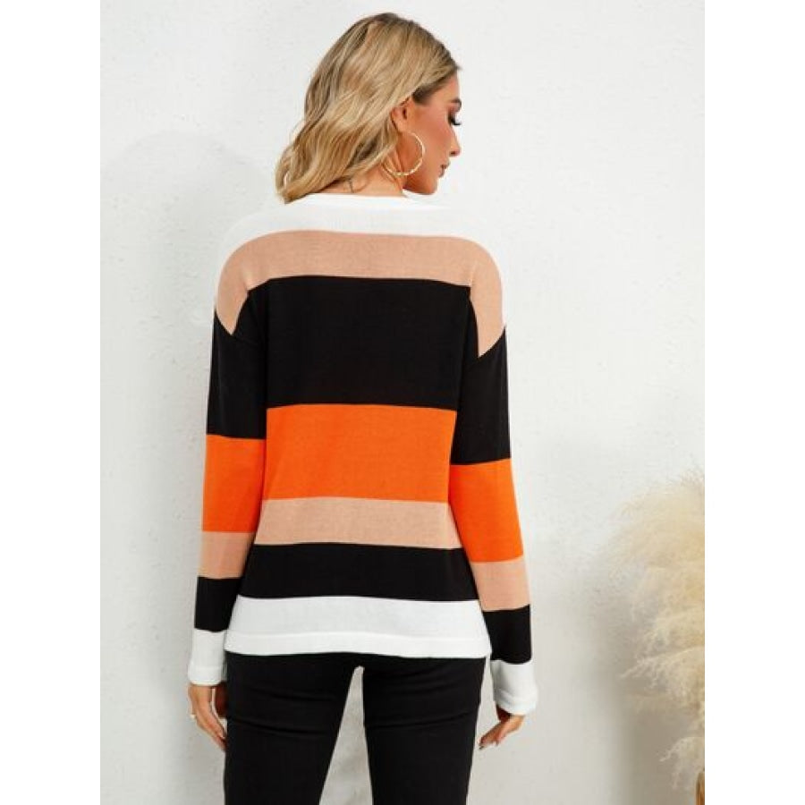 Striped Round Neck Dropped Shoulder Sweater Apparel and Accessories