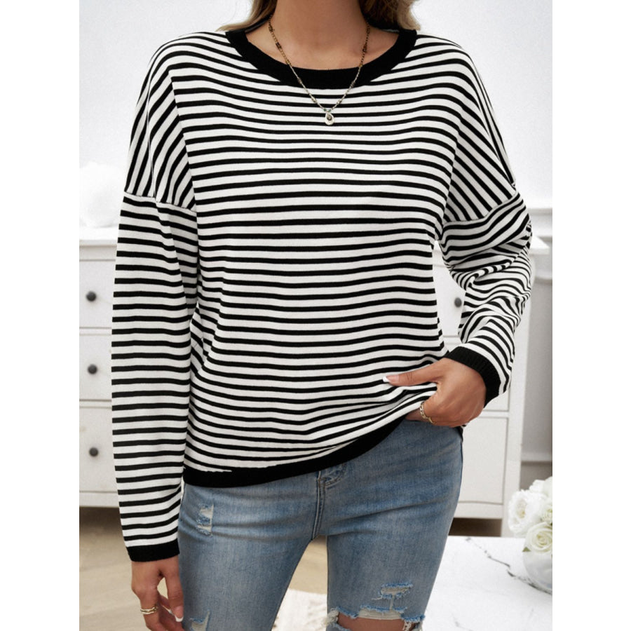 Striped Round Neck Dropped Shoulder Sweater Apparel and Accessories