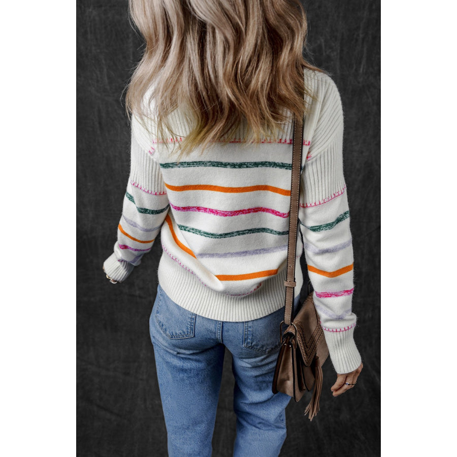 Striped Round Neck Dropped Shoulder Sweater Apparel and Accessories