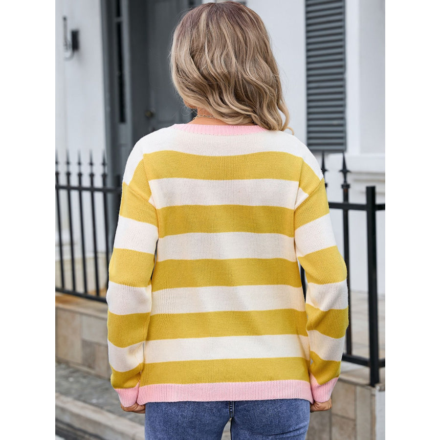 Striped Round Neck Dropped Shoulder Sweater Apparel and Accessories