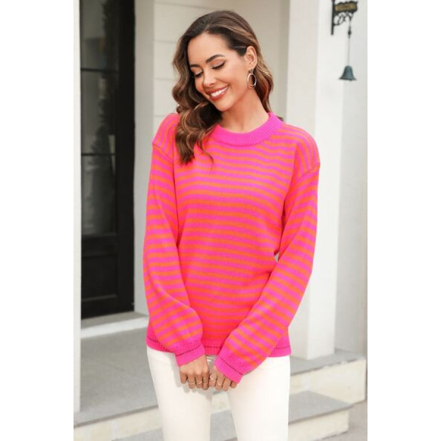 Striped Round Neck Dropped Shoulder Sweater Apparel and Accessories